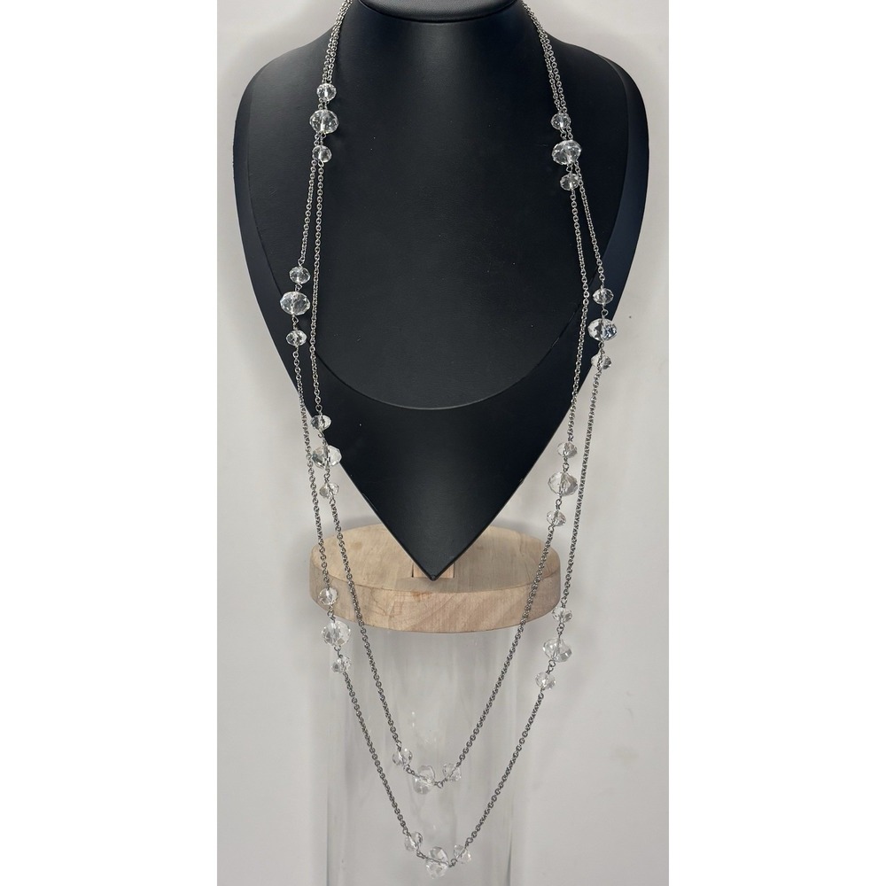 Vintage Double Strand Faceted Crystal Bead Silver Tone Necklace 35"